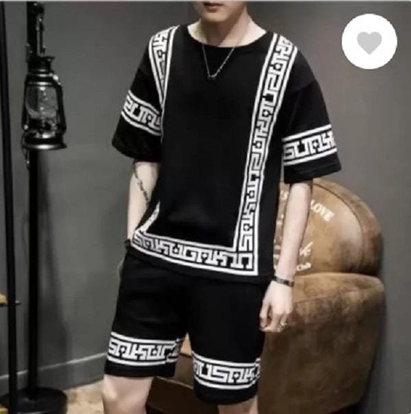 Men Printed Dri Fit Tracksuit Black Greek Key Shorts Set