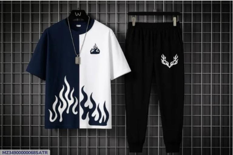 Men Polyester Flame Print Track Suit Blue White Black