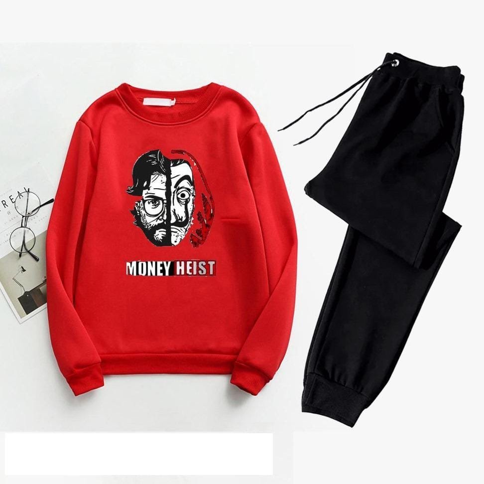 Men Red Money Heist Printed Track Suit 2Pcs