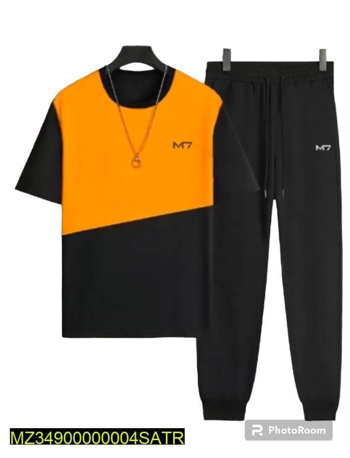Men Track Suit Orange Black Polyester 2-Piece Set