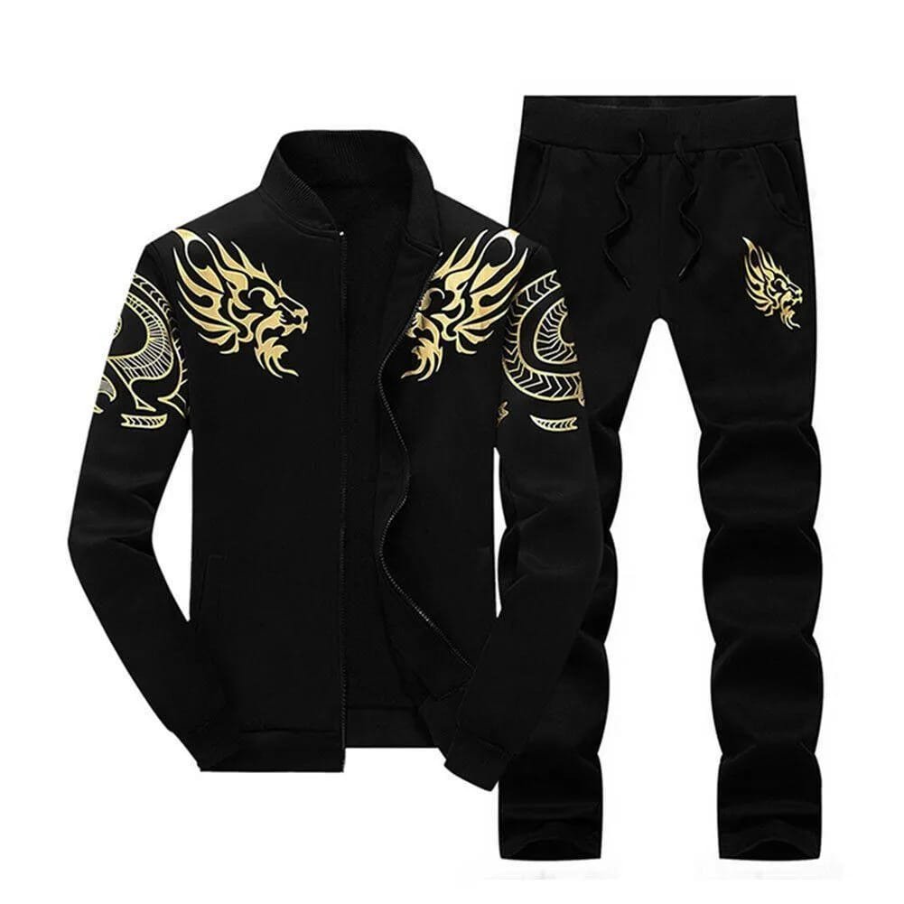 Men Black Fleece Track Suit with Golden Dragon Print 2Pcs