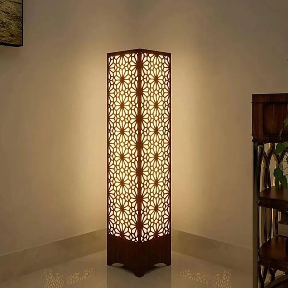 Wooden Floor Lamp with Geometric Cutouts Dark Brown Golden Glow